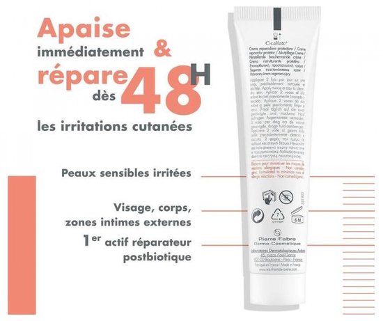 Witte tube met rode tekst: Apaise immédiatement & répare dès 48h les irritations cutanées. Peaux sensibles irritées. Visage, corps, zones intimes externes.