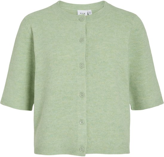 Gilet en maille vert clair boutonnée, à manches trois quarts et col rond, vu de face.