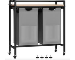 J&R Wasmand kastje - Wasmand met 2 vakken - Wassorteerder - Wasmand tafel - Waszak - Badkamerkast - Wasmand meubel - Wasmand rek - Light oak - Zwart metaal
