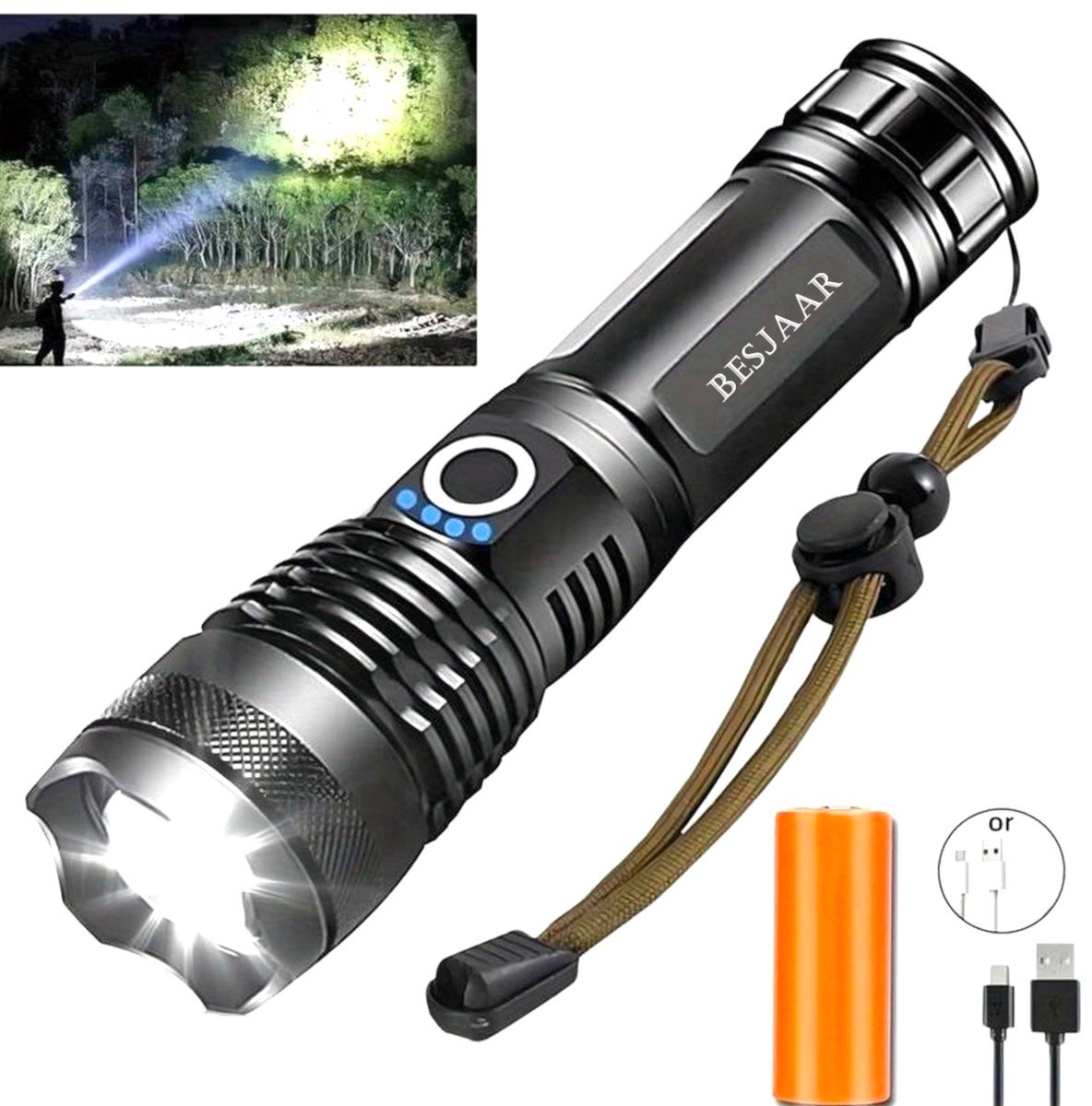 Bol.com Besjaar Zaklamp LED Oplaadbaar - Militaire zaklamp - 5500 Lumen - USB-C oplaadbaar- inclusief opladerbare batterijen en ... aanbieding