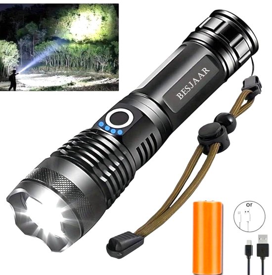 Besjaar® Zaklamp LED Oplaadbaar - Militaire Zaklamp - Inclusief Opladerbare Batterijen en Kabel - USB Oplaadbaar - Waterdicht - Camping - Noodpakket