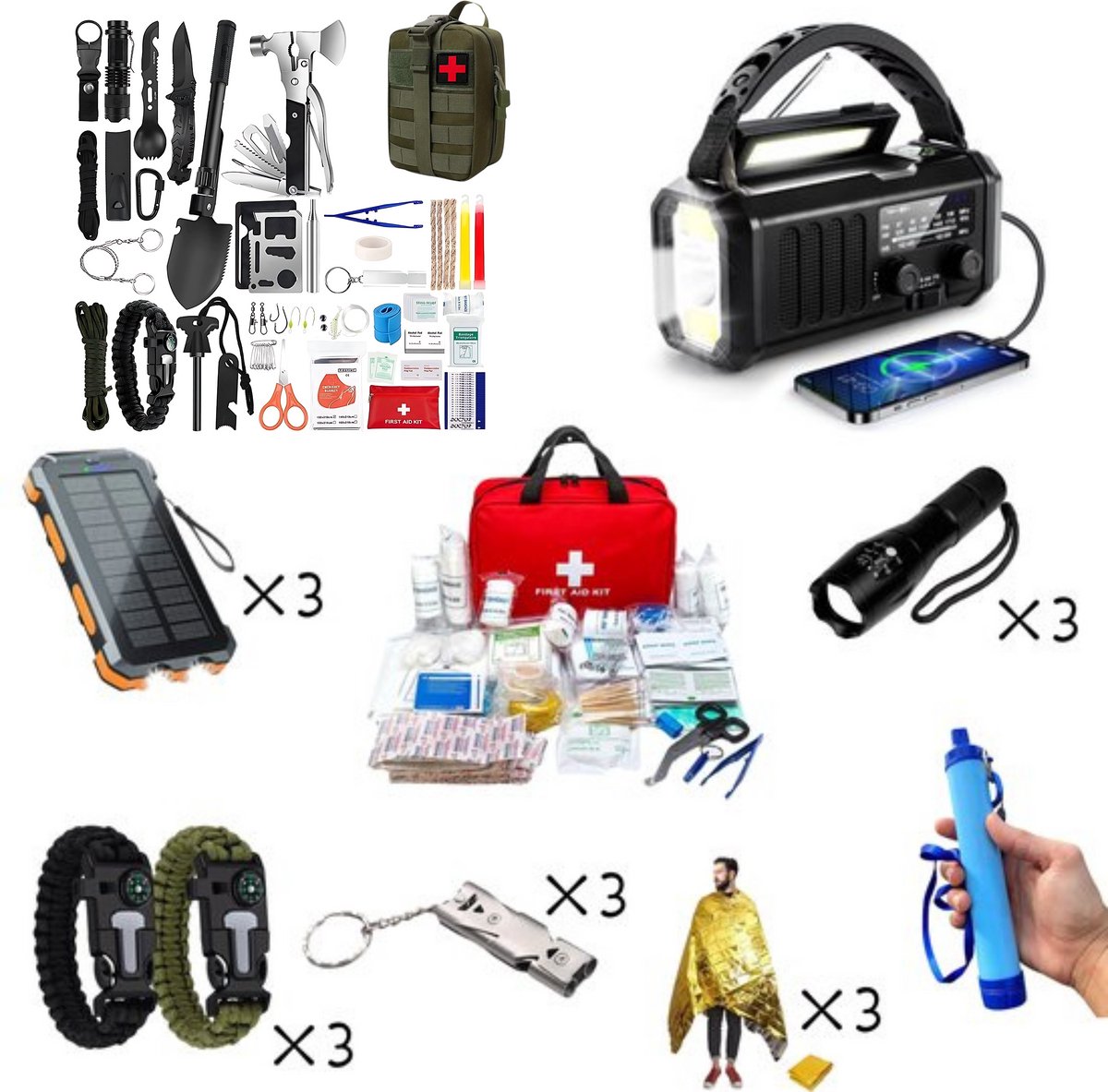 DreamGoods XL Noodpakket voor Thuis - 3 Personen - Compleet Overlevingspakket bij Oorlog, Rampen & Stroomuitval - Noodradio Solar Opwindbaar en Batterij - 72 uur Survival Kit, Armband, Waterfilter, Nooddeken, Noodfluitje - Kamperen & Outdoor - Gezin