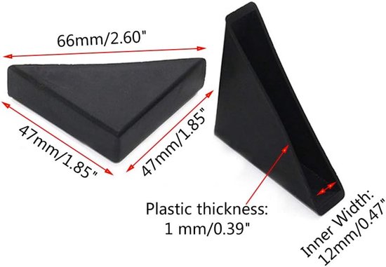 Zwarte plastic hoekbeschermers met afmetingen: 66mm/2.60", 47mm/1.85", plastic dikte 1mm/0.39", binnenbreedte 12mm/0.47".
