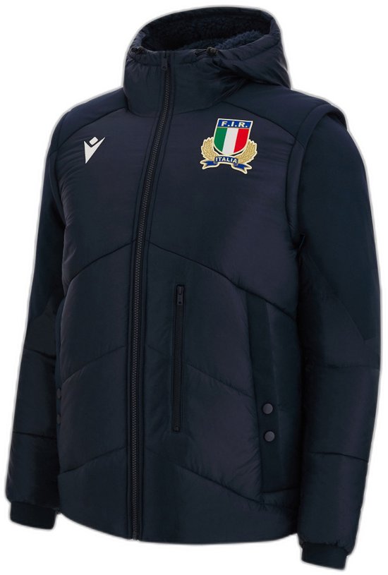 Donkerblauw bodywarmer met capuchon, F.I.R.B.-logo en Macron-logo.