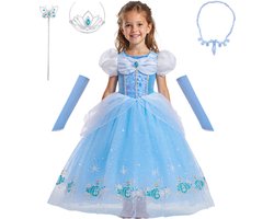 foto van Joya Kids® Assepoester Verkleedjurk Meisjes | Prinsessenjurk Lichtblauw met Accessoires | Kroon, Staf, Handschoenen & Sieraden | Carnaval & Verjaardag | Maat 130