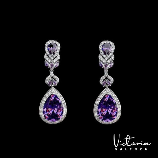 Victoria Valenza Monte Carlo Luxe Oorbellen Dames Messing Oorhangers Dames Oorringen - Paarse Steen - Kleur Zilver - 1 Paar