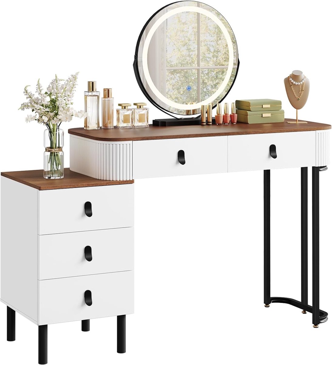 Kaptafel met dimbare ledverlichting en ronde spiegel - moderne make-uptafel met 5 laden en zijkast
