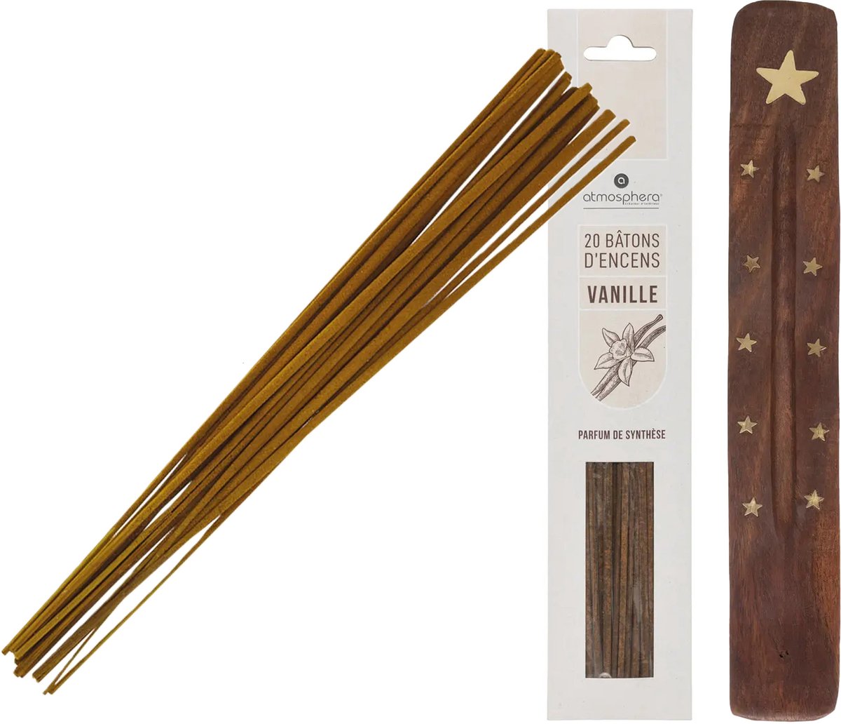 Atmosphera Wierook stokjes in Vanille geur - pak van 60x stokjes - 25cm - met houder/plankje