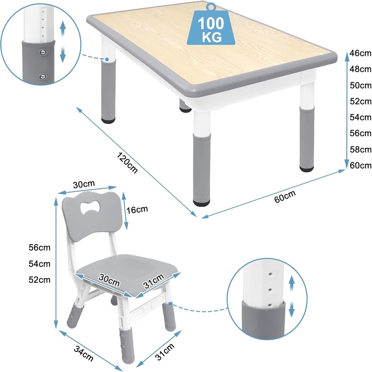 NAIZY Kindertafel met 2 stoelen, 80 x 60 cm, in hoogte verstelbaar