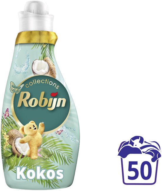 Bouteille d'adoucissant Robijn Kokos Sensation avec un ours en peluche, une noix de coco et des feuilles de palmier. Symbole "50" pour les lavages.