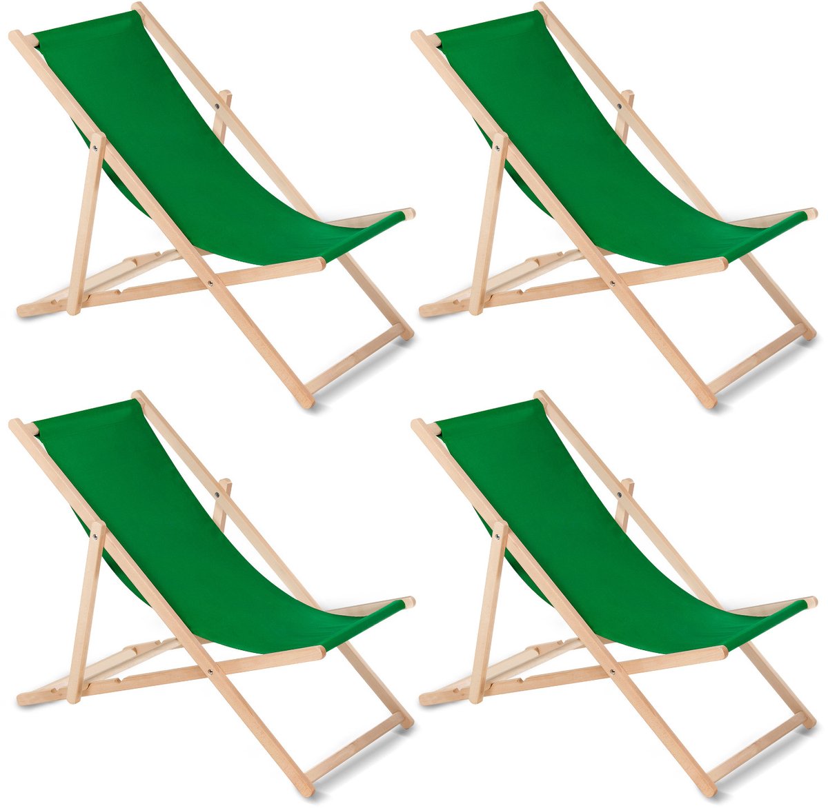 GreenBlue - Set van 4 stuks strandstoel -Houten ligstoel Beukenhout Drie verstelbare rugleuningposities Groen
