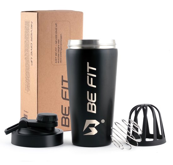 Be Fit RVS shakebeker zwarte smoothie beker en drinkfles