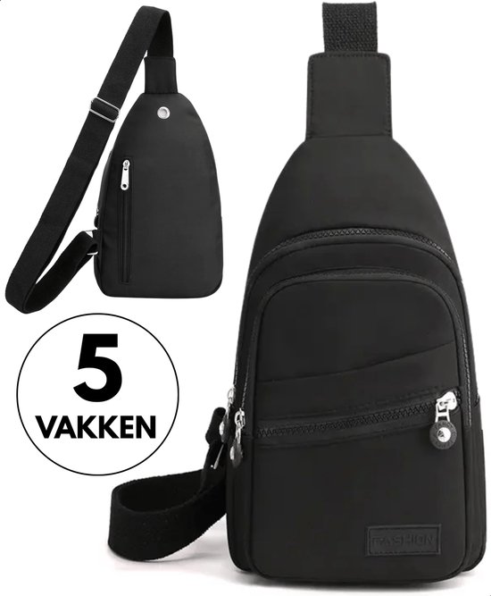 Boncy® Luxe Crossbody Schoudertas - Dames & Heren - 5 opbergvakken en kabelopening - Crossover Slingbag Nektasje - Schoudertassen Crossbodytassen Sling Bag - Rugzak Nektas of Borsttas - Crossbodytas met brede band op borst Chest Tas Fanny Pack Zwart