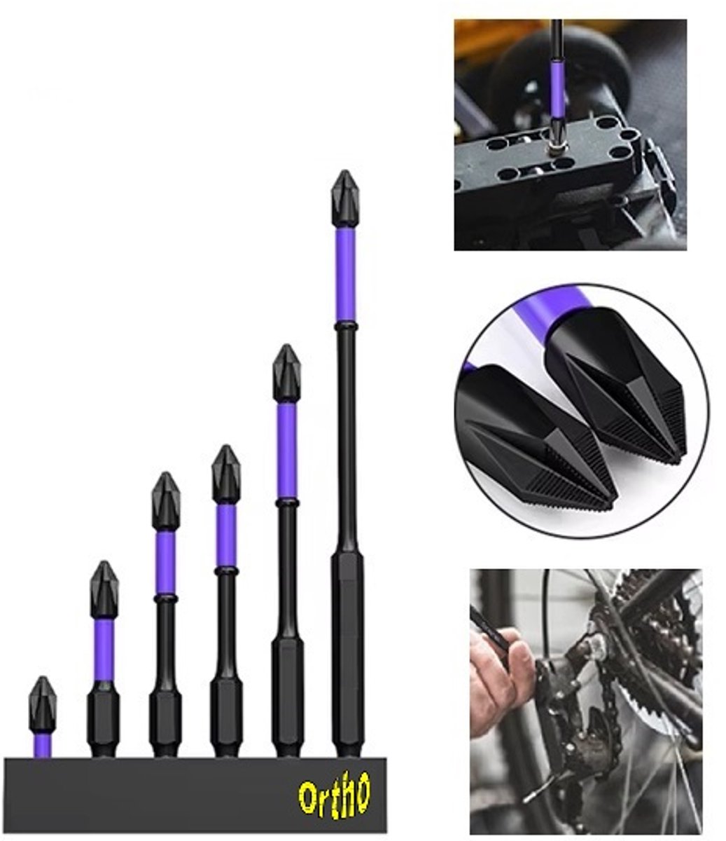 Ortho® - Magnetische bithouder set - Anti slip Schroefbits - S2 gelegeerd Staal - Set van 6 stuks - Bit set - Bitset - Schroefbit set - Bits - Kruisbits