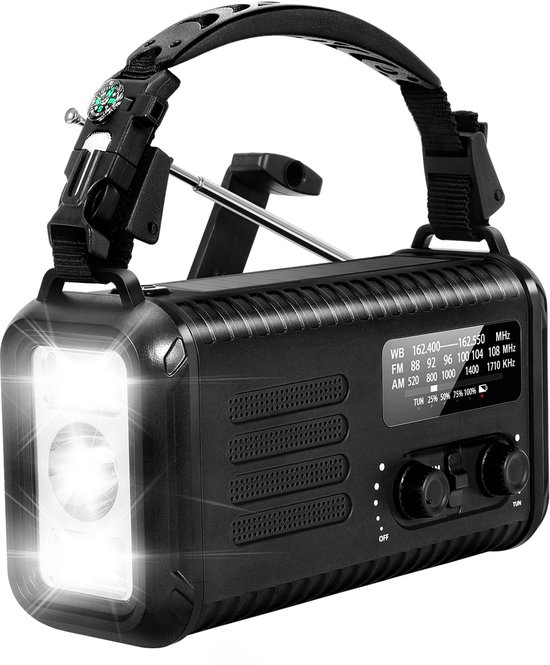 Draagbare NoodRadio Solar Opwindbaar - FM/AM - Powerbank Zonneenergie met 20.000mAh - Noodpakket - Draagbare Radio op batterijen – Zwart