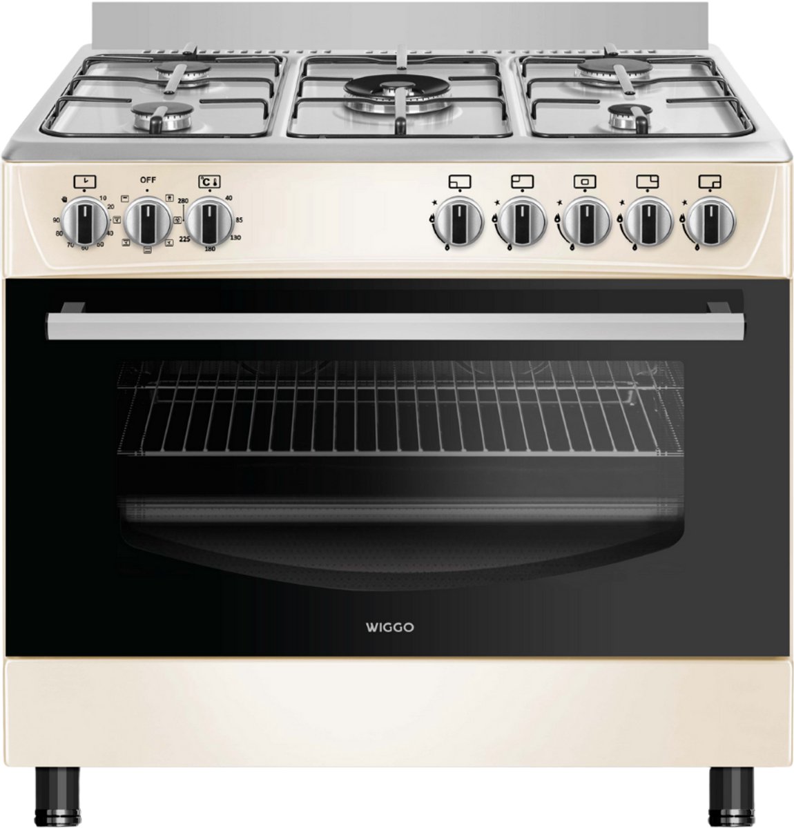 Wiggo WO-E905R(CX) - Serie 5 - 90 cm - 5 kookzones - Gasfornuis - Créme Rvs