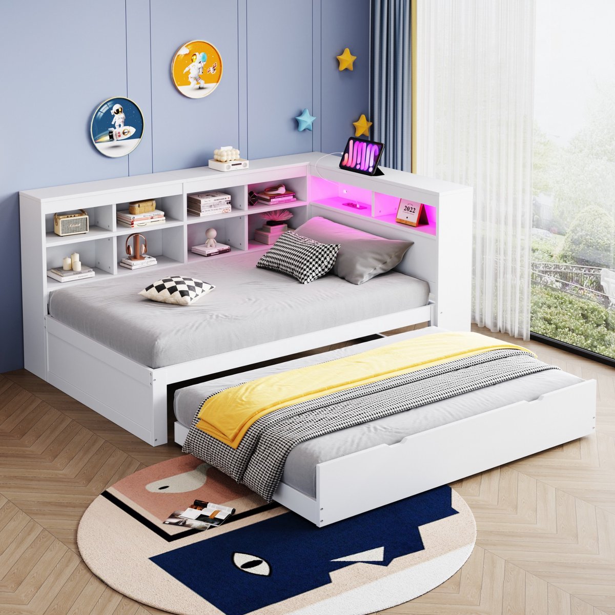 Sweiko Slaapbank - 90*200 cm - met uitschuifbaar bed - USB-aansluiting + LED-verlichting - met legplank + opbergvak - Wit