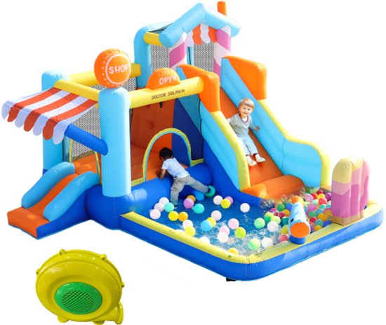 Foto: Learnlogic met blower kinderspringkasteel multifunctioneel buitenwaterpark trampoline waterglijbaan kleine glijbaan fontein waterpistolen winkelluifel inclusief 450w blower opblaasbare grootte 395 340 236cm
