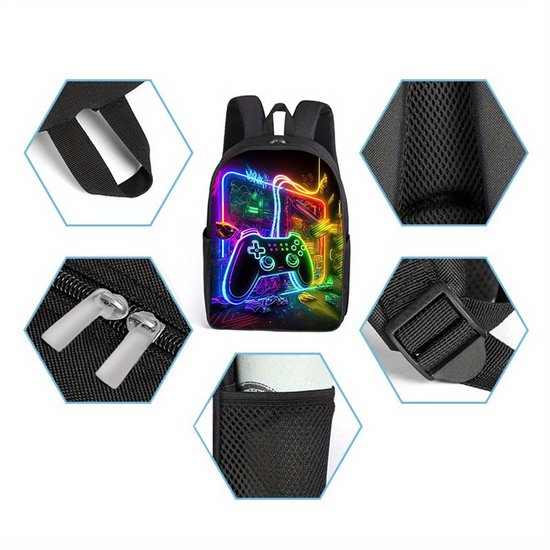 Zwarte rugzak met neon gamecontrollerprint. Details: verstelbare banden, mesh zijvak, ritstrekkers.