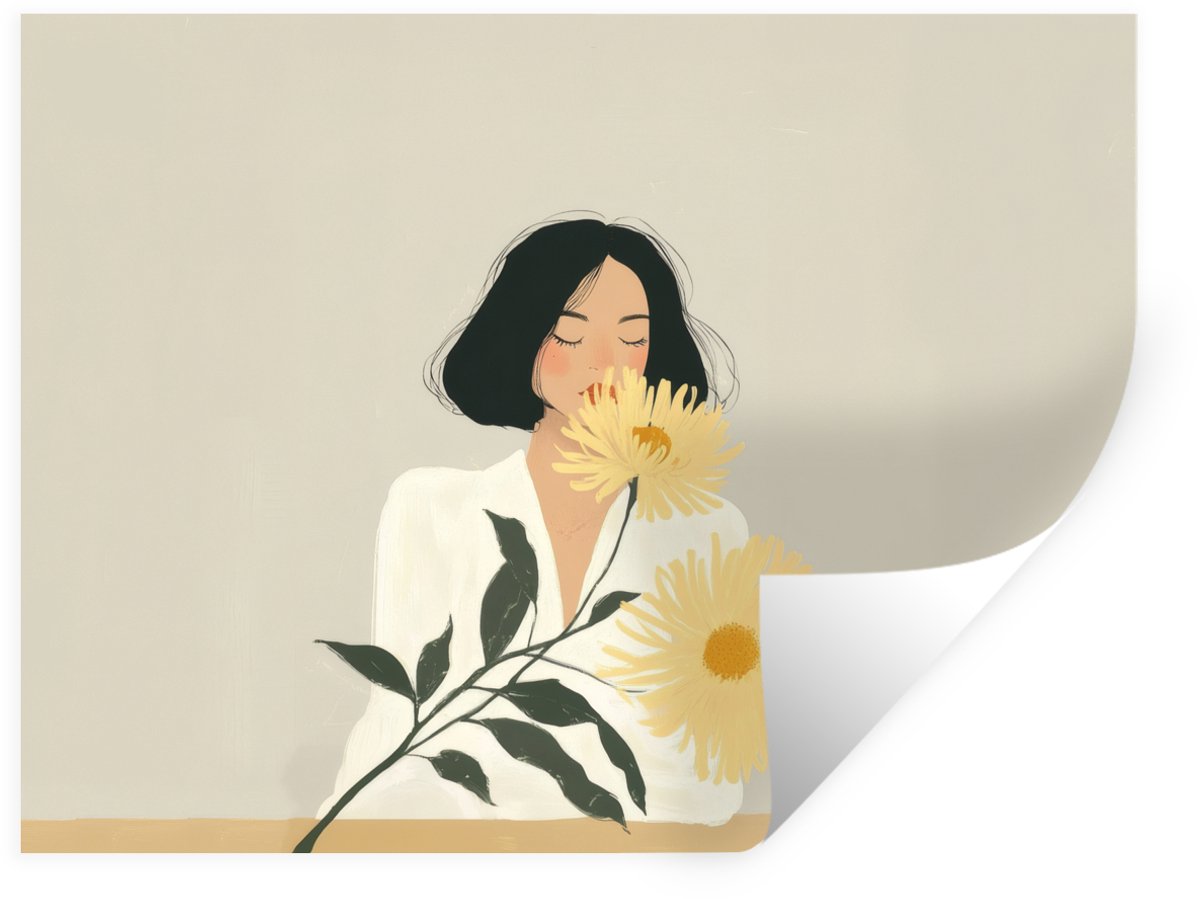 Muurstickers - Sticker Folie - Vrouw - Bloem - Geel - Minimalistisch - 120x90 cm - Plakfol