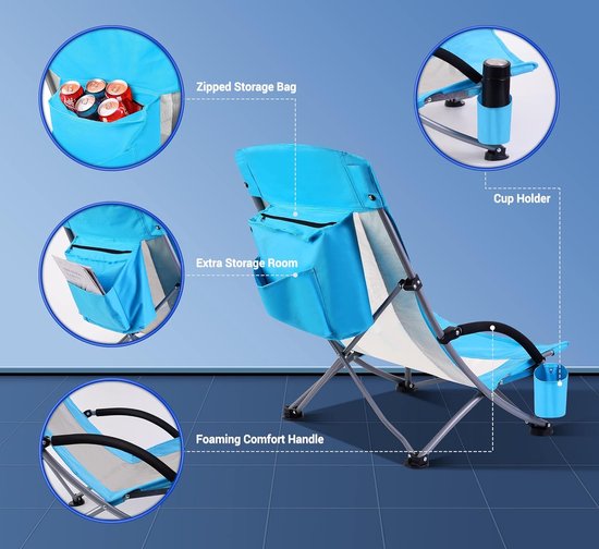Chaise de plage, chaise de plage, pliable, légère, chaise de camping, pliable, 1 pièce avec glacière, compacte, dossier haut, porte-gobelet et sac de transport (1 bleu)