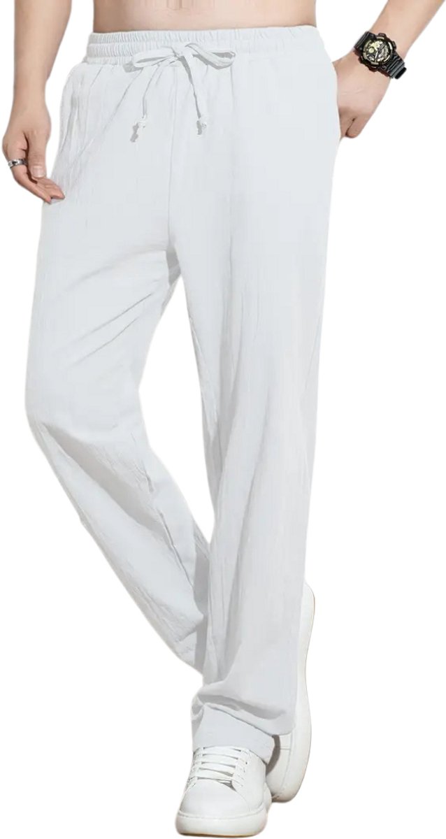 Nivard Linnen Broek Heren Zomerbroek Volwassenen Lange Broek Pantalon Strandbroek Zomer Ibiza Stijl Wit