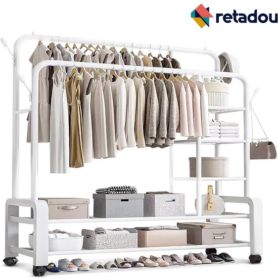 Kledingrek met dubbele stangen met wieltjes, moderne Kledingrek met dubbele stangen met wieltjes, moderne