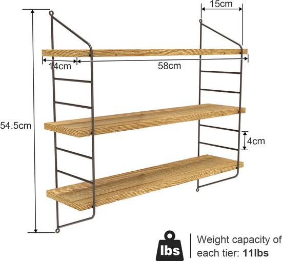 Afmetingen van een drielaagse houten en metalen wandplank.