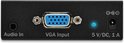 Zijkant van de sender met poorten: Audio In, VGA Input en 5 V/DC 1 A, met blauw power lampje.