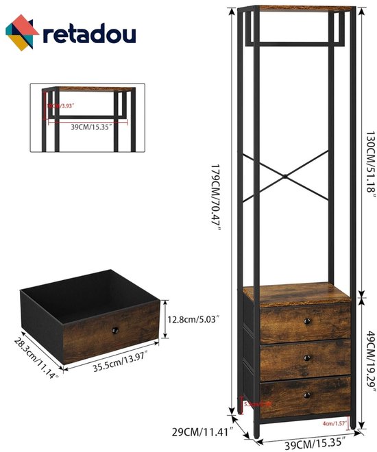 Kapstok, kledingrek met 3 planken en 8 haken, vrijstaande garderobe, industriële