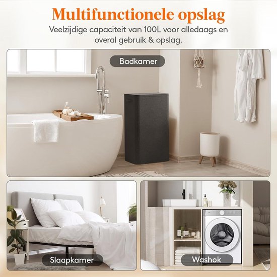 WOWLIVE 100L Opvouwbare Wasmand Met Deksel - Grote Vuile Wasmand Met 2 Afneembare Zakken, Handgrepen, Zwart