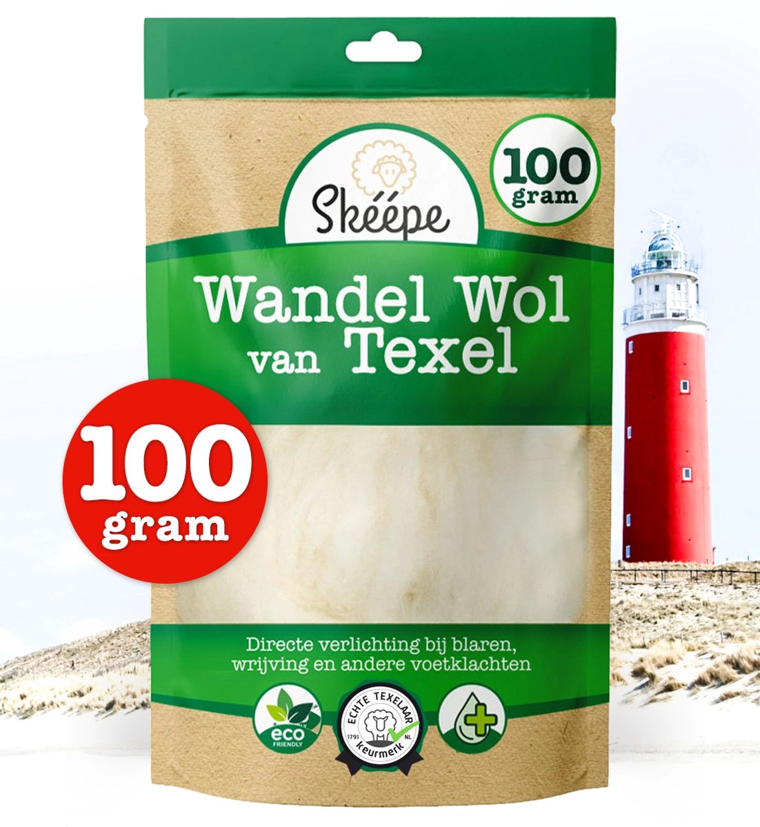 Wandelwol 100 gram XXL – antidruk wol van Texel – verzacht bij blaarvorming – wol bij druk en wrijving – Loopwol van Skéépe