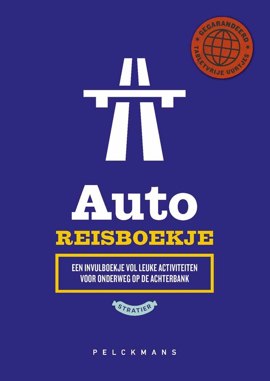 Boek "Auto Reisboekje" met een grote witte "T" op een blauwe achtergrond. "Gegarandeerd tabletvrije uurtjes".