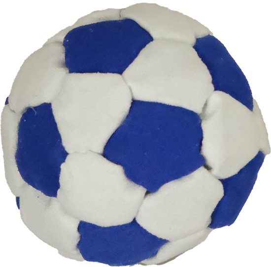 Voetbal met 32 witte en blauwe panelen, van zacht materiaal.