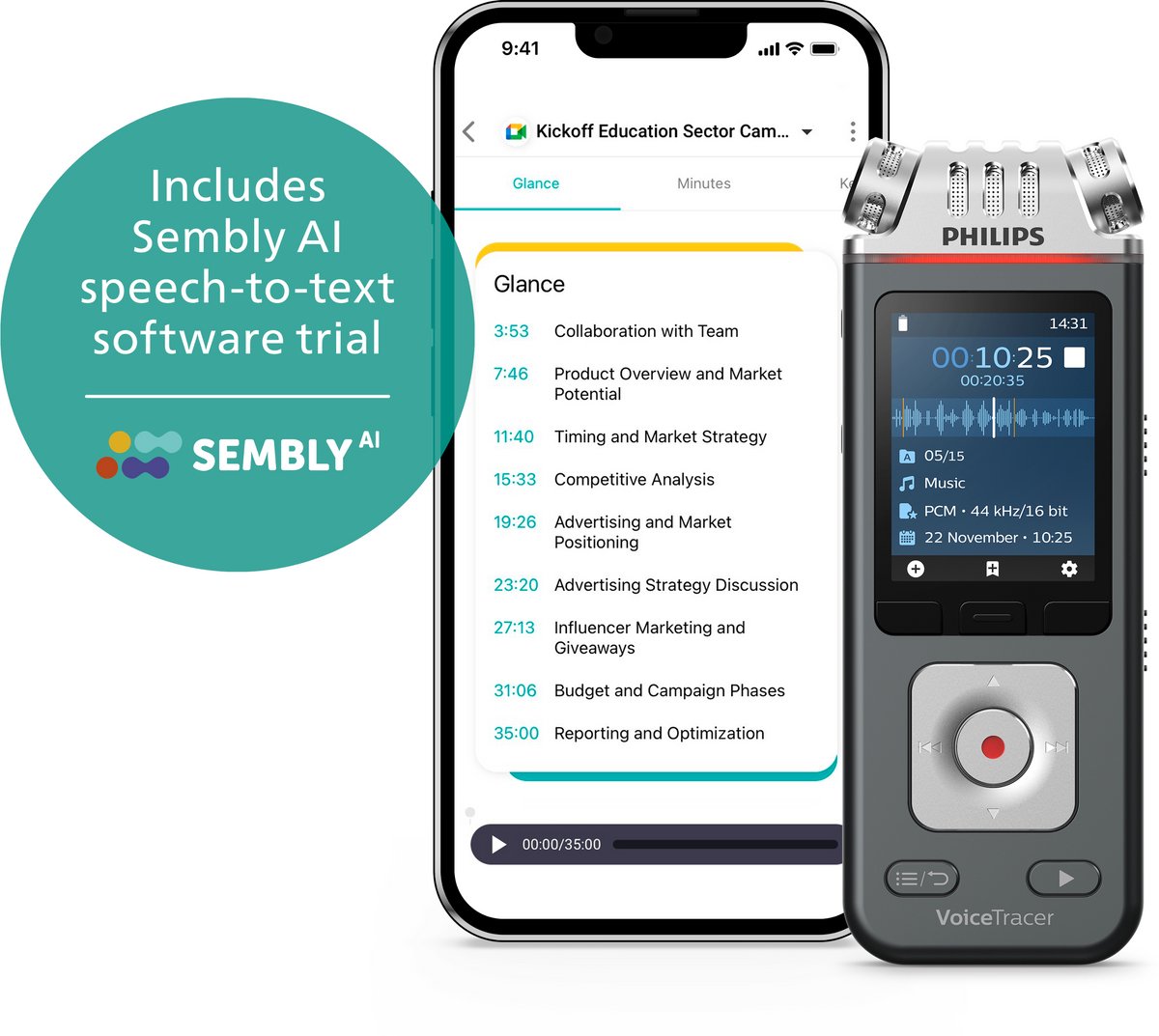Philips DVT6115 Audio recorder - 3Mic Stereo 24-bits/96 kHz - Sembly AI spraakherkenning - Smartphone-app - USB-C - Antraciet