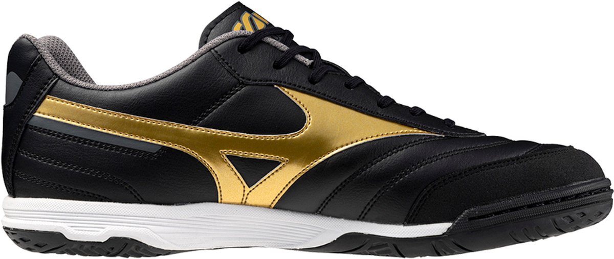 Mizuno Morelia Sala Classic indoorschoenen, maat 45, zwart met gouden lasserlogo, traditioneel ontwerp en flexibele bovenz...
