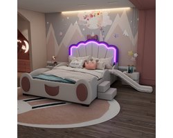 140*200cm Cartoon bed kinderbed vlinder bed LED kleurveranderend licht, afstandsbediening, uitgerust met glijbaan en ladder, PU materiaal, mooie vorm, roze + wit