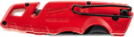 Milwaukee 48-22-1501 rood kantelmes met zwarte metalen clip en draadstripper.