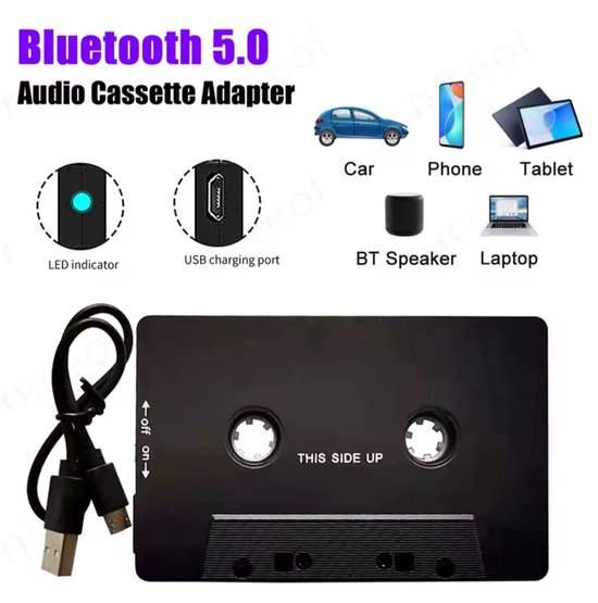 Adaptateur Cassette Bluetooth Pour Autoradio - Convertisseur Cassette Vers AUX 5.0 | Pour Voiture Ancienne | Rechargeable USB-C | Micro Intégré