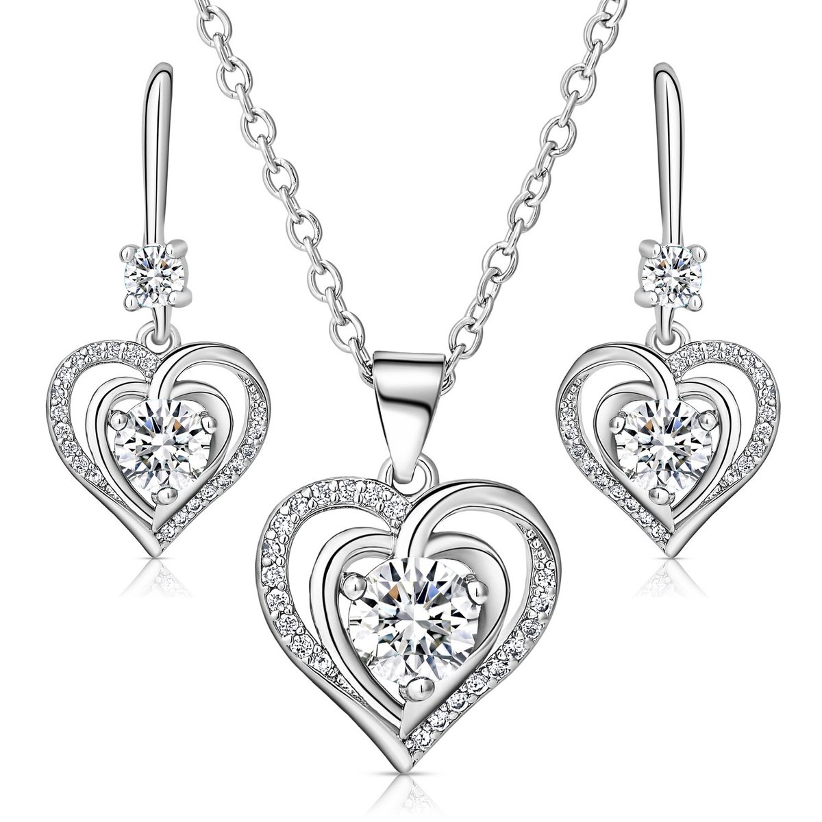 Juwelium Hart in Hart Ketting en Oorbellen Set Verstelbaar 41 tot 46 cm met Parelwit Zirkonia Kristallen in Luxe Sieradendoos met Rozen en Rozenbeer van 25 cm in Cadeauverpakking – Perfect Cadeau voor Vrouw, Vriendin, Moeder, Dochter