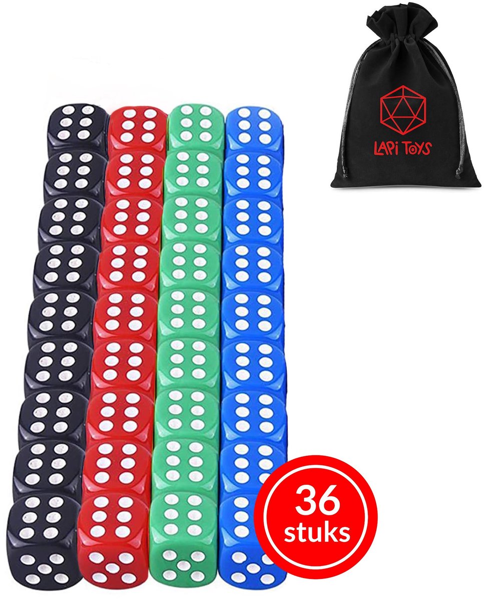 Lapi Toys - Dungeons and dragons D6 dobbelstenen - D6 - 36x D6 DND Dice - Inclusief velvet bewaarzakje - Meerkleurig