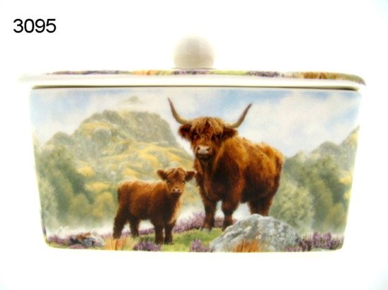 Lesser & Pavey Botervloot Schotse Hooglanders – 17 x 12 x 9 cm – Porselein – Met Deksel – Bewaardoos Boter