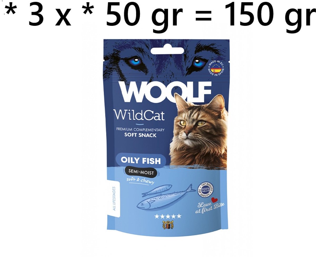* 3X * Woolf Wild Cat - vette vis - 50 gr - 100% natuurlijk - 3 x 50 gr = 150 gr