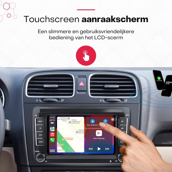 Vinger raakt een 7-inch HD touchscreen aan met navigatiekaart op het scherm. Met tekst "Touchscreen aanraakscherm".