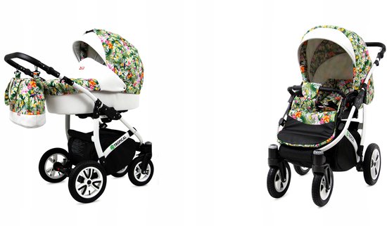 BabyLux® Kinderwagen 2in1 – TROPICAL - TROPICAL FLOWERS - Opklapbare Wandelwagen incl. Reiswieg, Multifunctionele Buggy Sportstoel - Combi-kinderwagen met Luiertas, Regenhoes, Klamboe, Bekerhouder, etc.