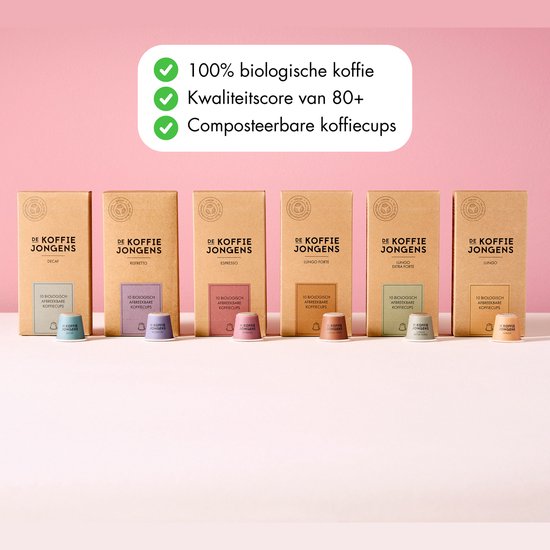 Zes dozen biologische composteerbare koffiecups van De Koffiejongens. Gemarkeerd met Decaf, Ristretto, Espresso, Lungo Forte, Lungo Extra Forte en Lungo.