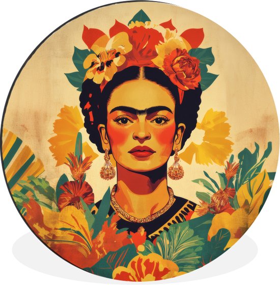 Ronde muurcirkel met een kleurrijke portretillustratie van Frida Kahlo met bloemen in haar haar.