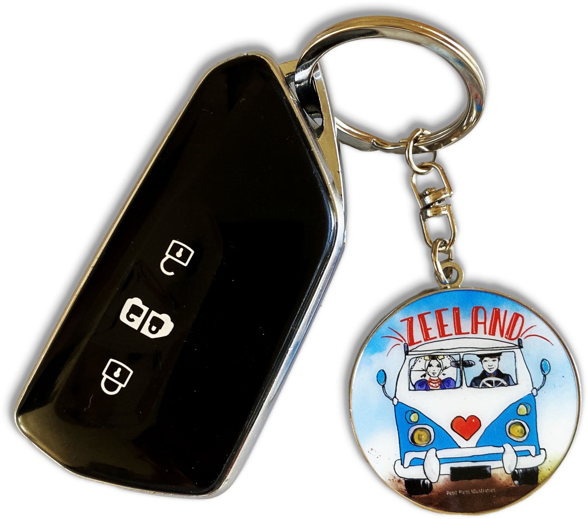 Zeeuwse sleutelhanger – Vintage bus – Zeeuws meisje & Zeeuwse man – Zilveren ketting – Zeeland souvenir