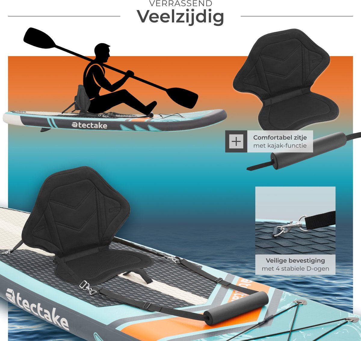 tectake® Stand-Up Paddle Board - 2-in-1 SUP Plank - Opblaasbaar - Stabiel - 288 x 77 x 22,5 cm - Ook als Kajak - Max 200kg - Oranje Turqoois - Complete SUP set met Zitje – foto 8
