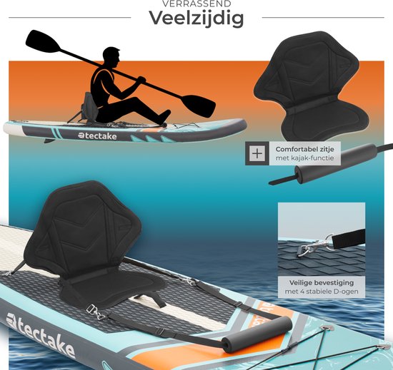 Silhouet van een persoon die kajakt op een supboard, met een verwijderbaar zitje.